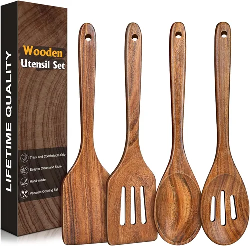 Miniatura 10 de Juego de 2 espátulas de madera, espátula turner sólida y ranurada de acacia, espátulas planas de freír con mango largo, regalo de cocina ideal