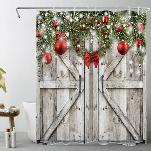 Miniatura 26 de Cortina de ducha con puerta de granero occidental para baño, lavanda púrpura y verde corona de eucalipto en tableros de madera rústica, cortina