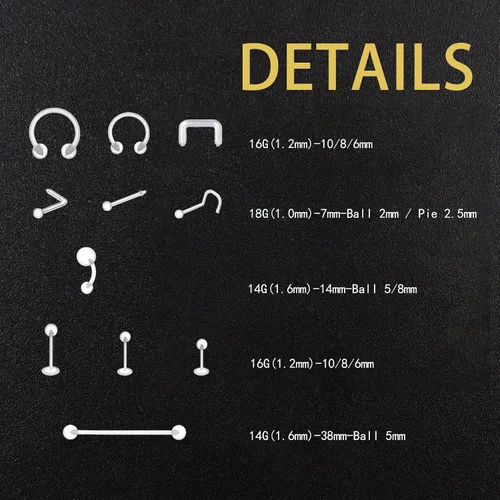 Miniatura 4 de Kit de 46 a 60 piezas de retenedores transparentes para nariz, tabique, ceja, labio, labio, lengua, vientre, pezón, tragus, cartílago, anillos