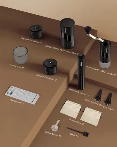 Miniatura 9 de Máquina de café espresso eléctrica portátil y molinillo de café manual y espumador de leche eléctrico todo en 1, mini cafetera de viaje