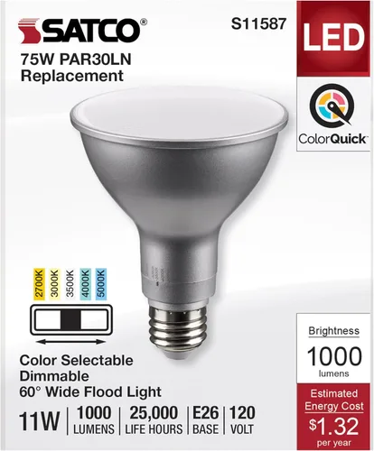 Miniatura 3 de Satco S11587 PAR30LN LED de 11 vatios con base media, acabado plateado, CCT seleccionable, ángulo de haz de 120 voltios y 60 grados (6 bombillas LED)