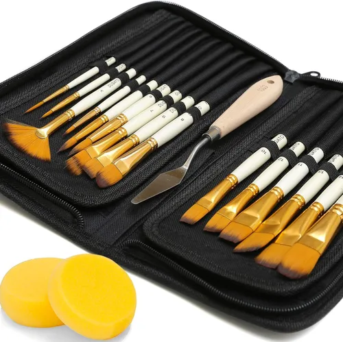 DUGATO Juego de 15 pinceles para pintura artística con estuche emergente, cuchillo de paleta y esponjas, pelo de nailon para pintura acrílica, óleo,