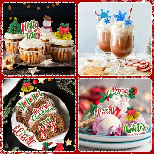 Miniatura 7 de Whaline 3 moldes de silicona para fondant de Feliz Navidad, diseño de copos de nieve rosados, con palabras bendecidas, alegría, acebo, Jolly