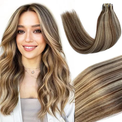 Miniatura 18 de Extensiones de cabello humano real con cinta, 20 piezas de cabello Remy invisible de doble cara, extensiones de cabello Remy con cinta adhesiva