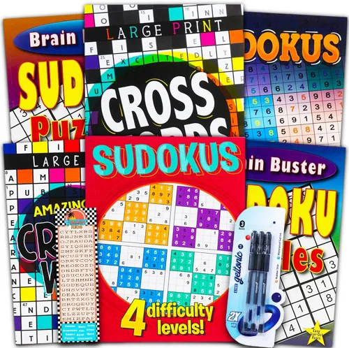 Sudoku - Juego de libros de crucigramas para adultos y personas mayores, paquete de 6 libros de crucigramas y rompecabezas de Sudoku, más bolígrafos