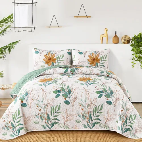 Miniatura 9 de Anibedding Juego de edredón azul tamaño King, 3 piezas reversible, elegante patrón de hojas botánicas azules, colcha de microfibra suave para toda