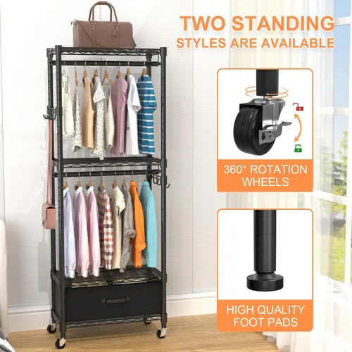 Miniatura 5 de VyGrow Perchero de Ropa, Perchero de Ropa para Colgar Ropa, Sistema Organizador de Armario Ajustable de 4 Niveles con Cajón Varillas Dobles