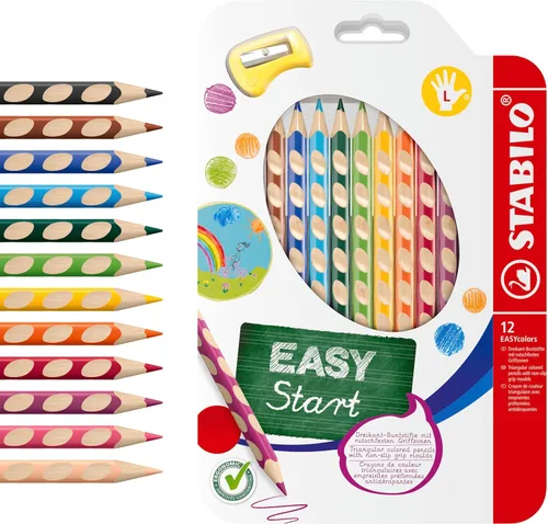 STABILO EASYcolors - Lápiz ergonómico para colorear - Zurdo - Paquete de 12 - Colores surtidos con sacapuntas