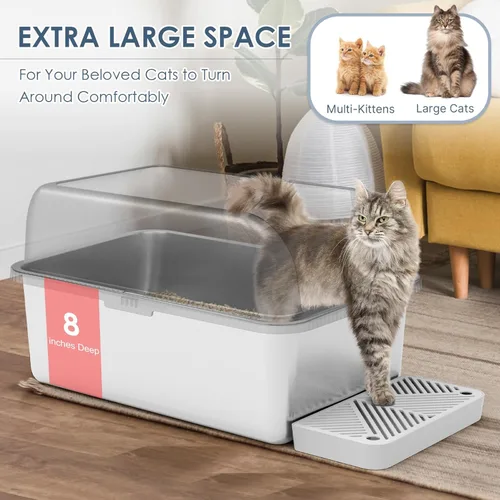 Miniatura 5 de Suzzipaws Caja de arena para gatos de acero inoxidable de 8 pulgadas de profundidad con tapa, caja de arena extra grande para gatos grandes, bandeja
