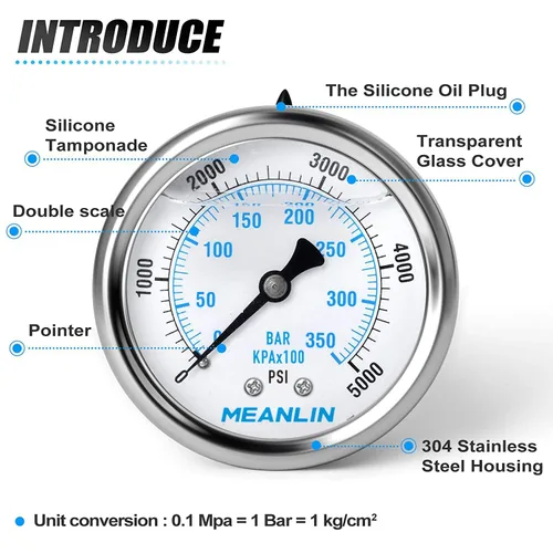 Miniatura 4 de MEANLIN MEASURE 0~5000 Psi Acero inoxidable 1/4" NPT esfera de 2.5 pulgadas Manómetro de presión lleno de líquido WOG Agua Aceite Aire montaje