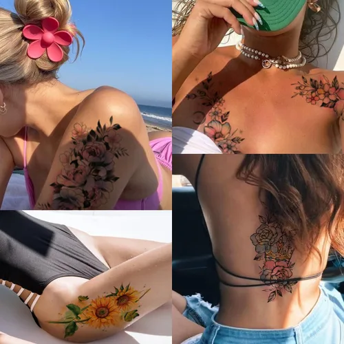 Miniatura 3 de CHARLENT Tatuajes temporales de flores de acuarela para mujeres y niñas, 10 hojas grandes, tatuajes falsos florales sexys para mujeres, arte