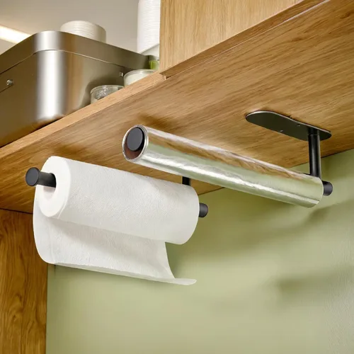 Miniatura 2 de Paquete de 2 soportes para toallas de papel, acero inoxidable SUS304 negro mate, autoadhesivo o perforador, soporte de pared para cocina y baño