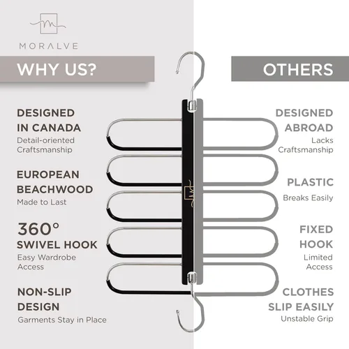 Miniatura 5 de MORALVE Perchas para pantalones que ahorran espacio – Perchas europeas de madera de haya para bufandas y jeans – Organizador de armario y estante