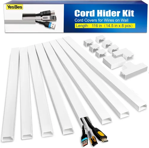 YesBes Kit de ocultador de cable de 116 pulgadas, cubiertas de cable para cables en la pared, canaleta de cables pintable, protector de cable para