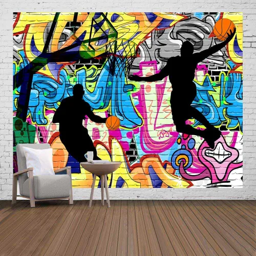 Miniatura 9 de Ine Ive Tapiz deportivo de baloncesto con graffiti nostálgico, póster de pared de arte callejero de 40 x 30 pulgadas para niños, silueta de tiro