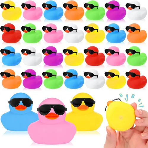 Miniatura 13 de Sosation 36 Paquetes de Patitos de Goma Mini con Juego de Gafas de Sol de 2.2 Pulgadas, Patitos de Goma Chistosos y Sonorosos para Baño, Flotadores
