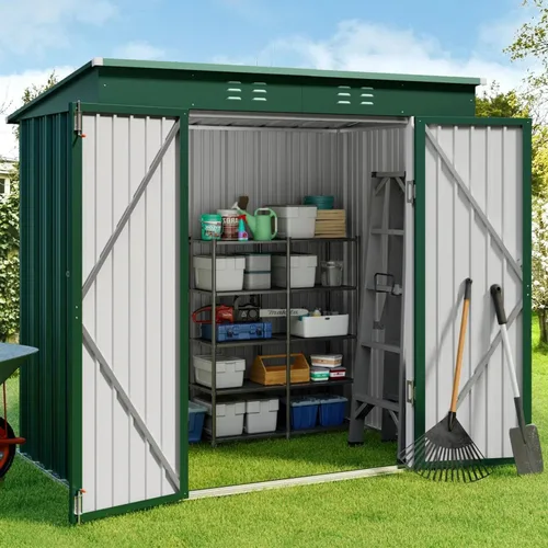 Miniatura 10 de Gizoon Cobertizo de almacenamiento para exteriores de 8 x 6 pies, cobertizo de jardín de metal galvanizado con puertas dobles con cerradura, Marrón