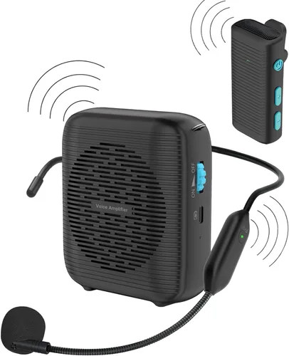 Amplificador de voz inalámbrico AI con 2 micrófonos inalámbricos (1 micrófono Lavalier y 1 auricular de micrófono), sistema Bluetooth 5.3 PA para