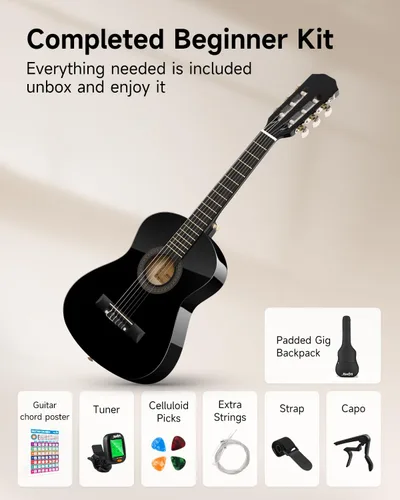 Miniatura 4 de Moukey Guitarra acústica de 30 pulgadas para principiantes, niños y jóvenes, 1/4 tamaño Dreadnought Guitarra Acustica Kit con póster de acordes