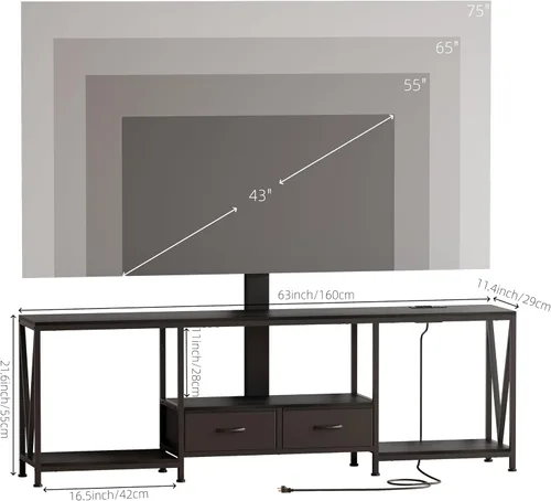 Miniatura 7 de Soporte de TV de 63 pulgadas de ancho con soporte para TV de 50, 55, 65, 75 pulgadas, centro de entretenimiento con toma de corriente y luces LED