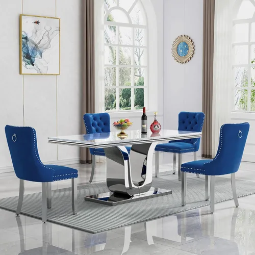 Miniatura 14 de Juego de mesa de comedor de mármol de lujo de 70 pulgadas para 4, juegos de mesa de cocina blanco y dorado para 4, mesa de comedor moderna de mármol