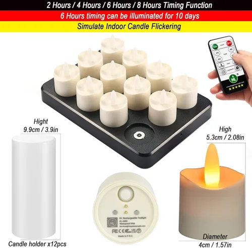 Miniatura 7 de HL Velas sin llama con temporizador remoto, más de 100 horas recargables, impermeables, funciona con pilas, con base de carga, velas flotantes