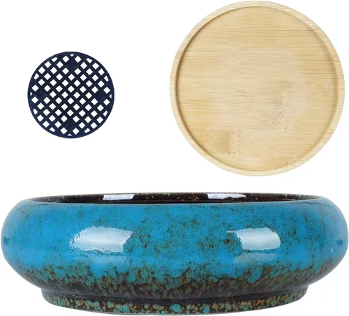 Miniatura 2 de ARTKETTY Macetas para suculentas – Macetas grandes para suculentas con bandeja de drenaje, 1 maceta rectangular + 1 maceta redonda para bonsái