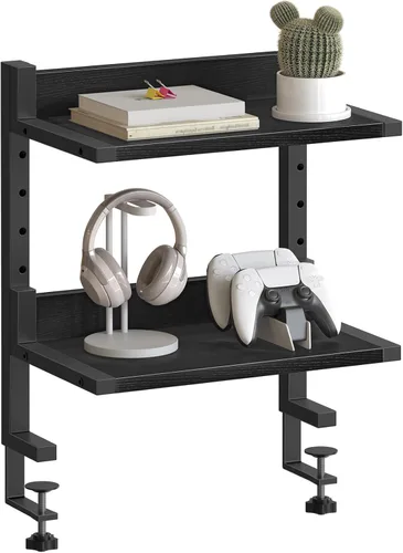 Miniatura 4 de HOOBRO Estante de escritorio con abrazadera, organizador de escritorio de 2 niveles, estante de escritorio que ahorra espacio con estantes Negro