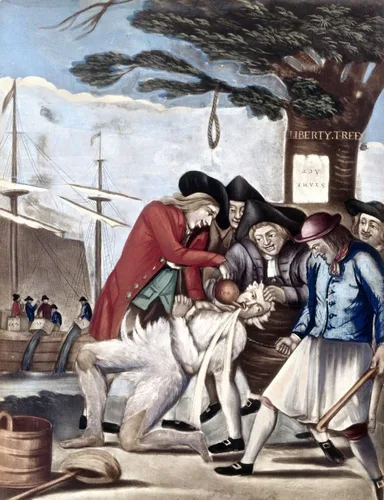 Boston Tea Party 1773 NLos bostonianos pagando al hombre de impuestos especiales o tarreando y emplumando sátira mezzotinta inglesa atribuida a
