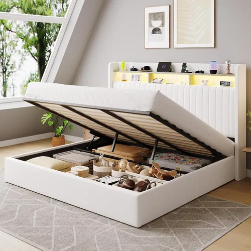 Miniatura 14 de SHA CERLIN - Estructura de cama de tamaño matrimonial con almacenamiento elevado/Luces LED/Estación de carga/Cabecero con estantes de 2 niveles/USB