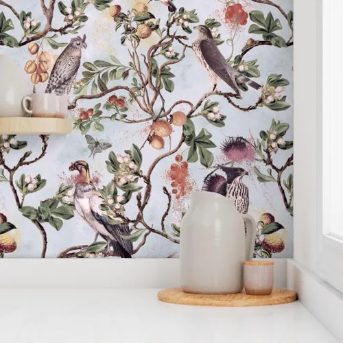 Miniatura 8 de Muestro de papel tapiz removible – Vintage Birds Acuarela Chinoiserie Antiqued of Prey Blue Green Gray Botánico Personalizado Papel pintado