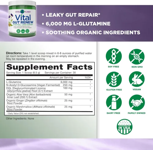 Miniatura 2 de Vital Planet - Suplemento en Polvo Vital Gut Renew para Reparación de Intestino Permeable con L-Glutamina, Malvavisco y Raíz de Jengibre, Raíz