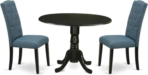 East West Furniture DLCE3-BLK-21 - Juego de mesa de comedor de 3 piezas que contiene una mesa de comedor redonda con gotas y 2 sillas tapizadas de