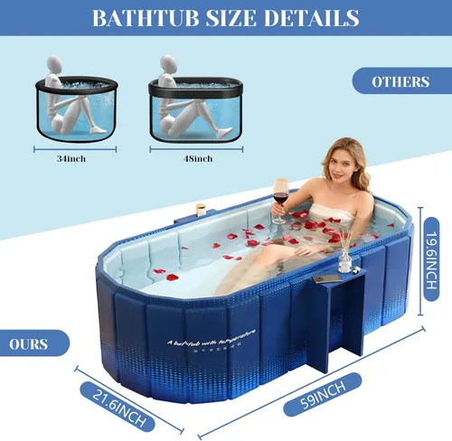 Miniatura 3 de jessie Bañera portátil de 59 pulgadas, bañera de hielo plegable para adultos, baño caliente para remojar en frío, bañera independiente para Azul