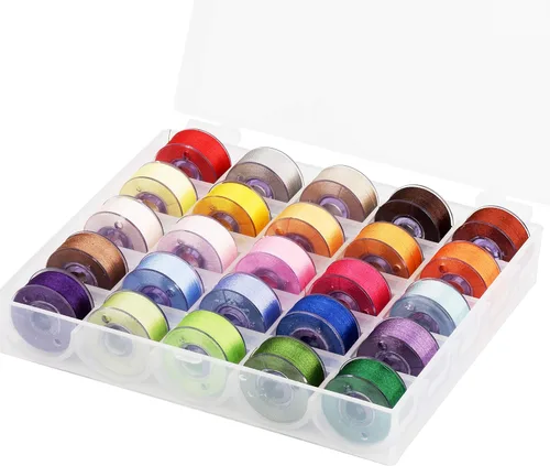 Simthread 25 piezas de colores surtidos tamaño A clase 15 (SA156) 60WT bobinas preenrolladas hilo con caja de plástico transparente compatible con