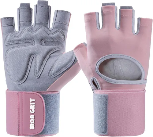 Guantes de levantamiento de pesas de grano de hierro, para hombres y mujeres, guantes de entrenamiento con soporte de muñeca para ejercicio, Rosa