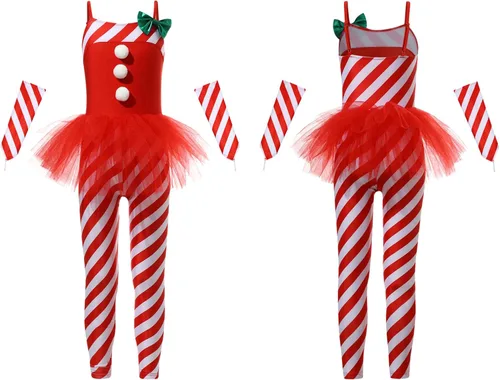 Miniatura 5 de Traje de baile de Navidad para niñas y niñas, ballet, gimnasia, leotardo de baile, bastón de caramelo, rayas