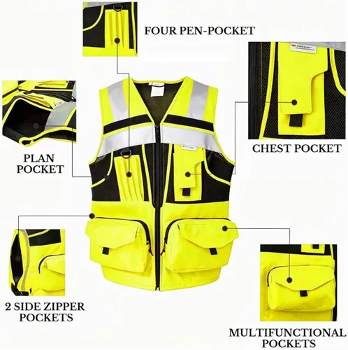 Miniatura 4 de SUXIBIP - Chaleco de seguridad de 10 bolsillos para hombres y mujeres, chaleco de alta visibilidad con tiras reflectantes 3M, tela Oxford Amarillo