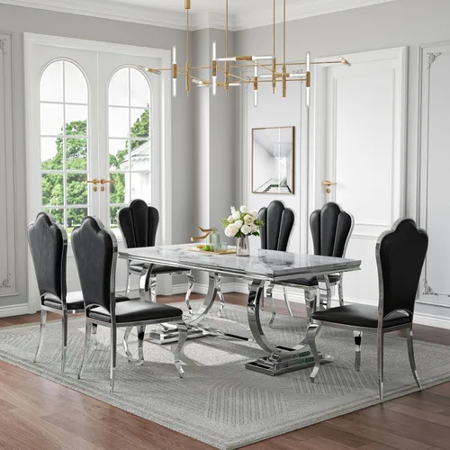 Miniatura 51 de Juego de mesa de comedor de mármol de 70 pulgadas para 6, mesa de cocina grande y sillas de cuero negro, mesas de comedor modernas negras y doradas