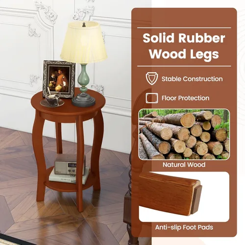 Miniatura 6 de Giantex Mesa auxiliar redonda, mesa auxiliar de madera con estante de almacenamiento, mesita de noche pequeña con patas de madera maciza, mesa Nogal