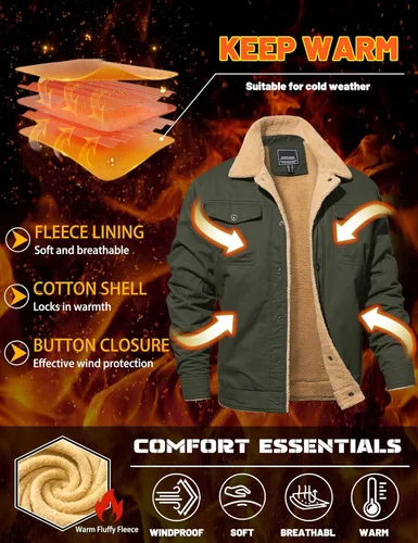 Miniatura 3 de MAGNIVIT Chaqueta cargo de algodón para hombre, chaqueta de trabajo con forro polar Sherpa de invierno con 5 bolsillos