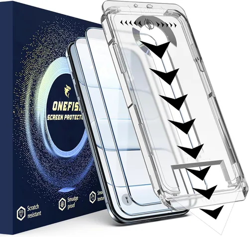 Miniatura 9 de OneFish Protector de pantalla para iPhone 14Plus/13Pro Max, película de vidrio templado HD Clarity dureza 9H+, con marco de instalación sin