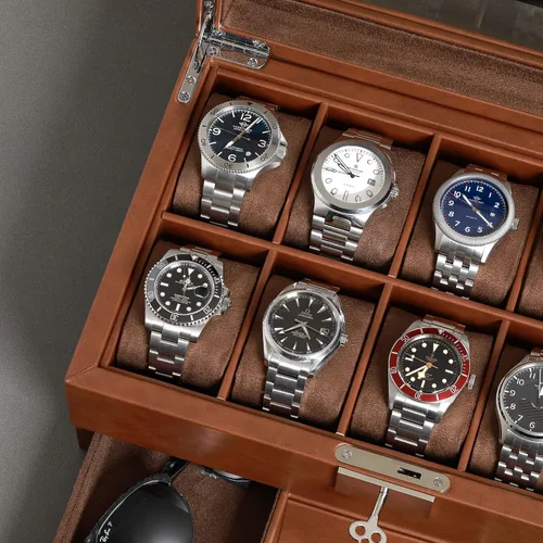 Miniatura 7 de ROTHWELL Caja de reloj de cuero de 10 ranuras con cajón de valet, organizador de exhibición de lujo con forro de microgamuza ultrasuave, soporte