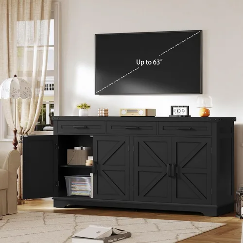 Miniatura 5 de usikey Armario buffet, aparador grande de 61 pulgadas con 3 cajones, barra de café de granja con 4 puertas, para cocina, sala de estar, color negro