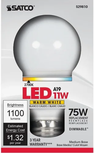 Satco Lighting Lighting Lighting S29810 - Bombilla LED A19 mediana (E26) de 11 W, 1100 lúmenes y 2700 K