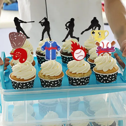 Miniatura 4 de Rsstarxi Paquete de 30 adornos para cupcakes de béisbol con trofeo con purpurina, jugadores de béisbol, pelota deportiva, decoración para temática