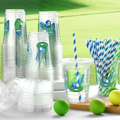 Miniatura 4 de Honeydak Juego de 150 tazas temáticas de golf, 50 tazas desechables transparentes de 16 onzas con 50 tapas y 50 pajitas de papel, regalos de fiesta