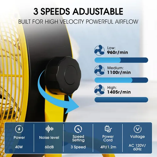 Miniatura 3 de Ventilador de alta velocidad de 12 pulgadas, ventiladores de piso industriales resistentes de 3 velocidades, ventilador portátil con inclinación