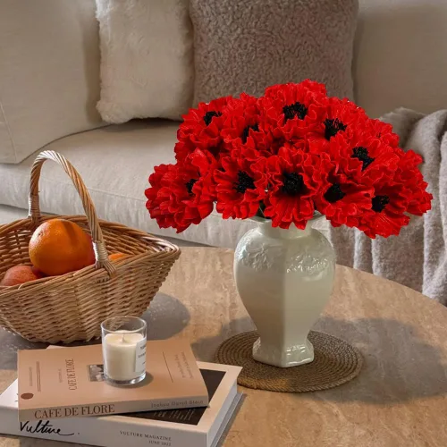 Miniatura 6 de Melorca&Guilla Flores Artificiales, 24 Piezas de 13.5 pulgadas Flores Falsas de Amapola Verde, Flores Sintéticas de Tacto Real, Flores de Seda