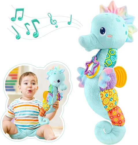 AWOTOY Juguetes para bebés de 0 a 12 meses, juguetes de peluche musicales con actividad sensorial suave, con arrugas, sonajero y texturas, juguetes